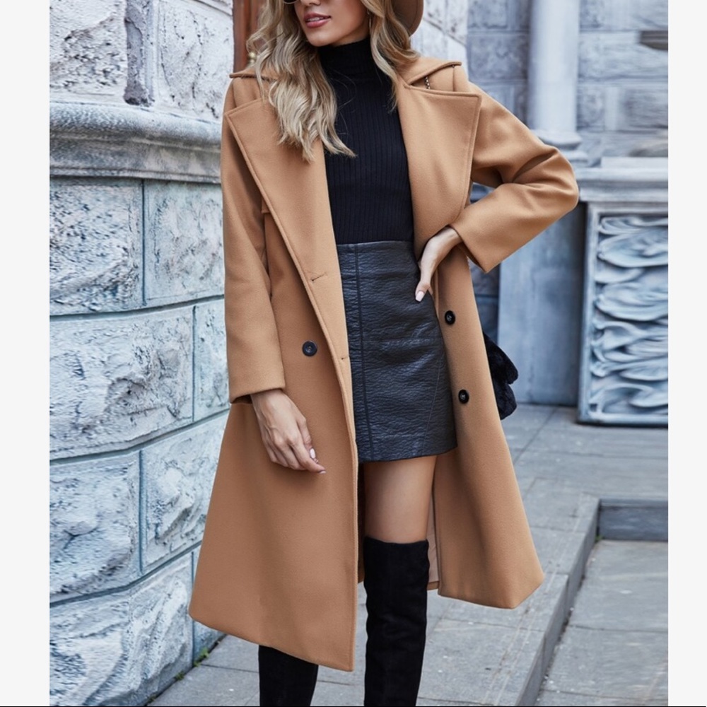 Double Breasted Button Trench Pea Coat Camel - Picture 2 of 7